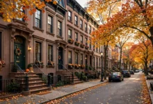 Elegant New York brownstone street in autumn.