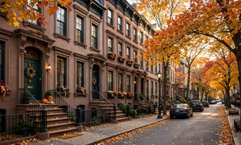 Elegant New York brownstone street in autumn.