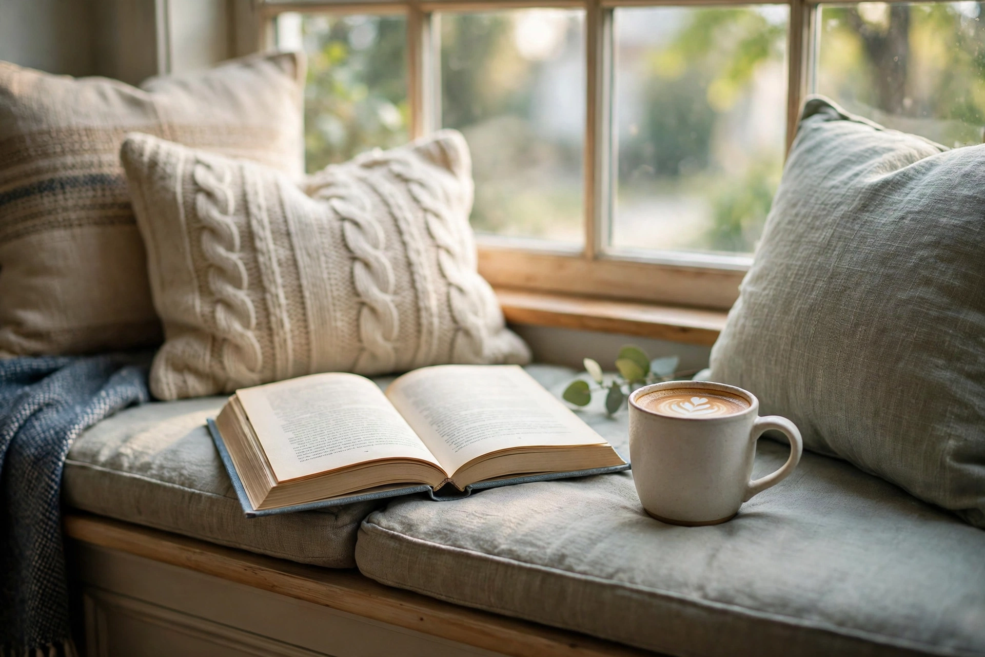 Open book beside a cup of coffee on a window seat.
