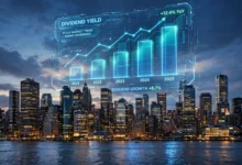 Stock chart showing BLK stock dividend growth history with financial documents and a calculator