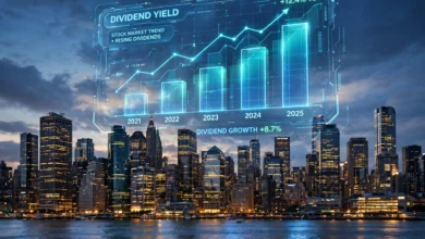 Stock chart showing BLK stock dividend growth history with financial documents and a calculator