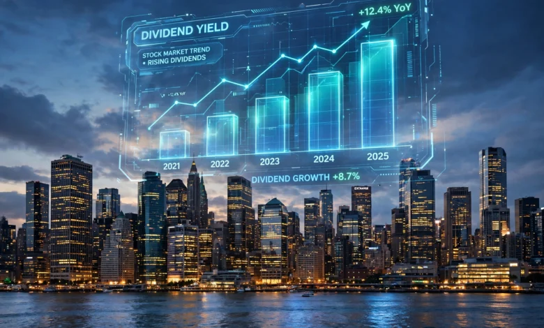 Stock chart showing BLK stock dividend growth history with financial documents and a calculator