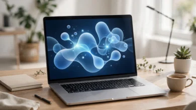 Laptop on a modern desk with a glowing abstract AI assistant window on screen
