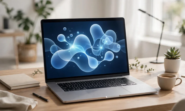 Laptop on a modern desk with a glowing abstract AI assistant window on screen