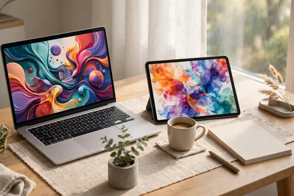 Modern home workspace with a laptop and tablet showing abstract colourful graphics