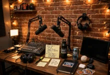 Sports media studio desk with microphones and headphones against a brick wall.