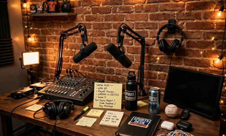 Sports media studio desk with microphones and headphones against a brick wall.