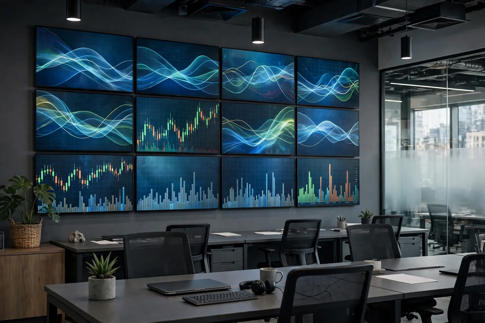 Newsroom screens showing stock-market style charts, no people in focus.