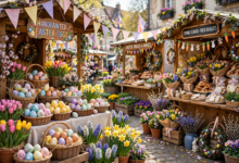 Colorful Easter celebration with decorated eggs, spring flowers and festive market stalls