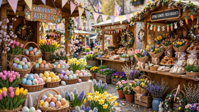 Colorful Easter celebration with decorated eggs, spring flowers and festive market stalls