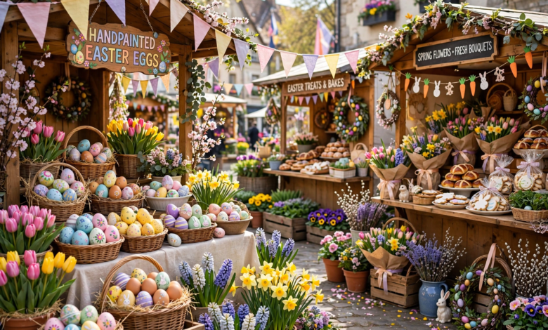 Colorful Easter celebration with decorated eggs, spring flowers and festive market stalls