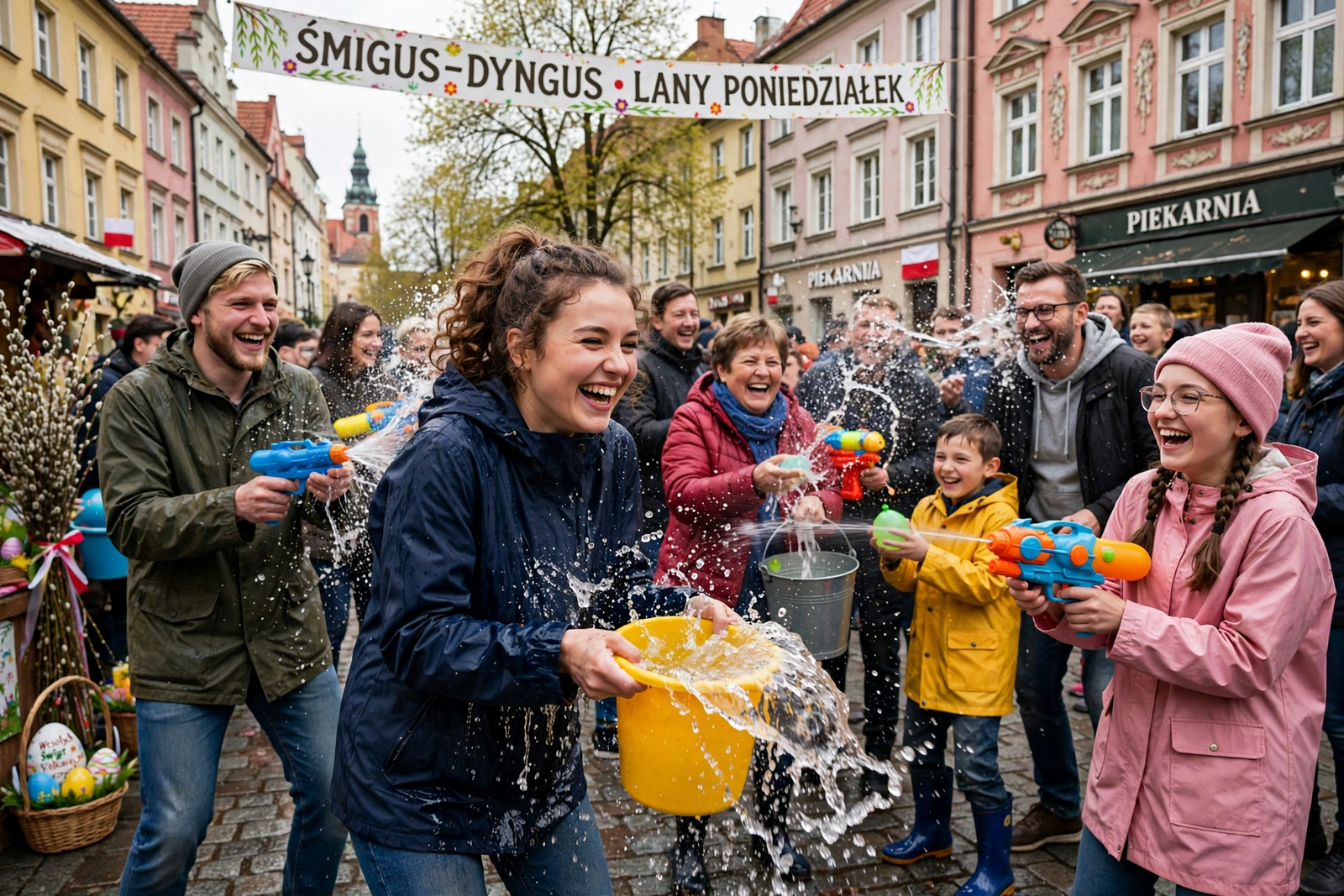 People splashing water on each other during Poland's Easter Monday water fight tradition