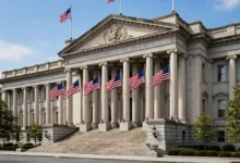 US federal government building with American flags in Washington