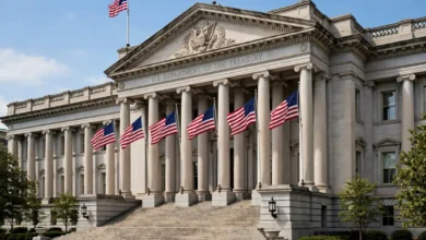 US federal government building with American flags in Washington
