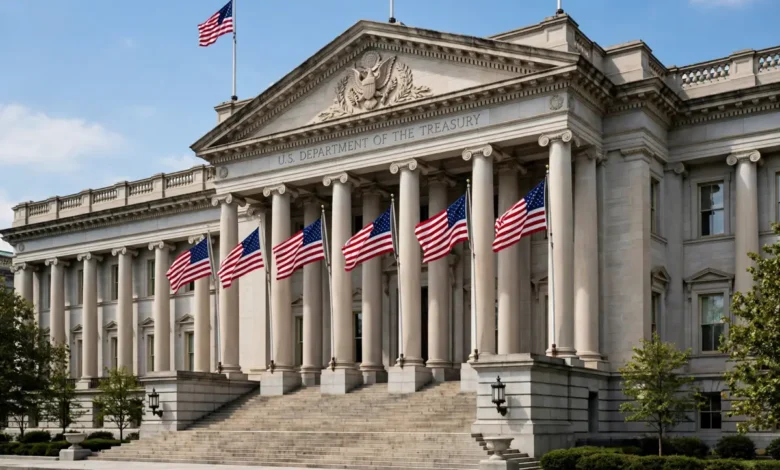 US federal government building with American flags in Washington