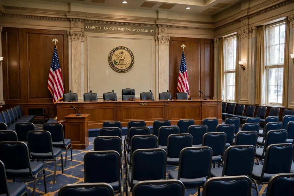 Empty US congressional committee hearing room with American flags