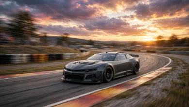 Stock car speeding around a racetrack corner at sunset