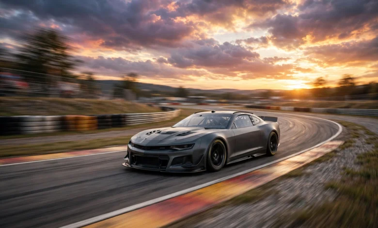 Stock car speeding around a racetrack corner at sunset