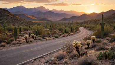 Arizona desert road with saguaro cacti at sunset