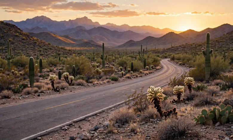 Arizona desert road with saguaro cacti at sunset