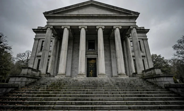 Courthouse steps with tall columns under a grey sky.