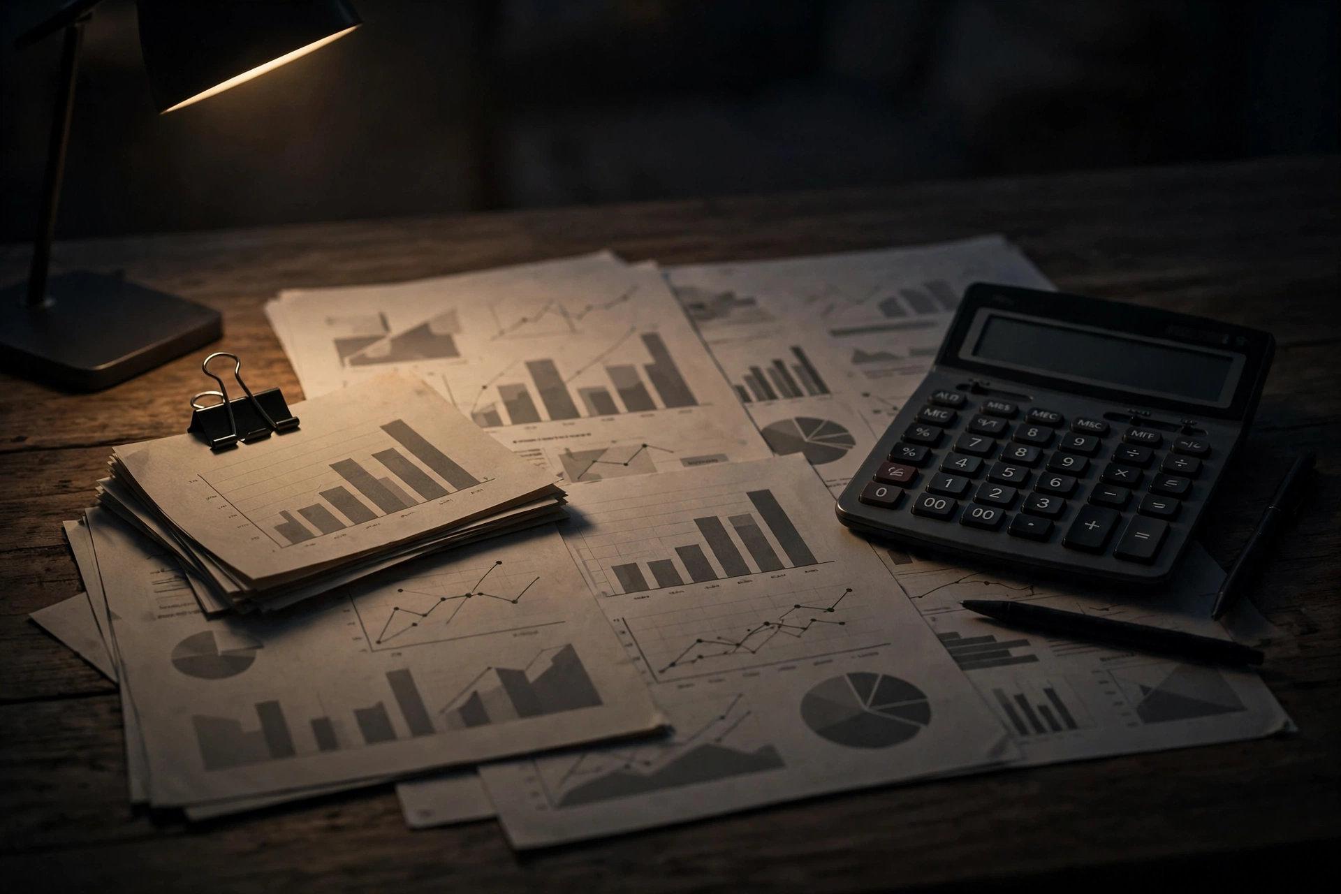 Financial documents and a calculator on a desk in moody light.