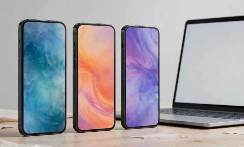 Three modern smartphones standing on a desk next to a laptop