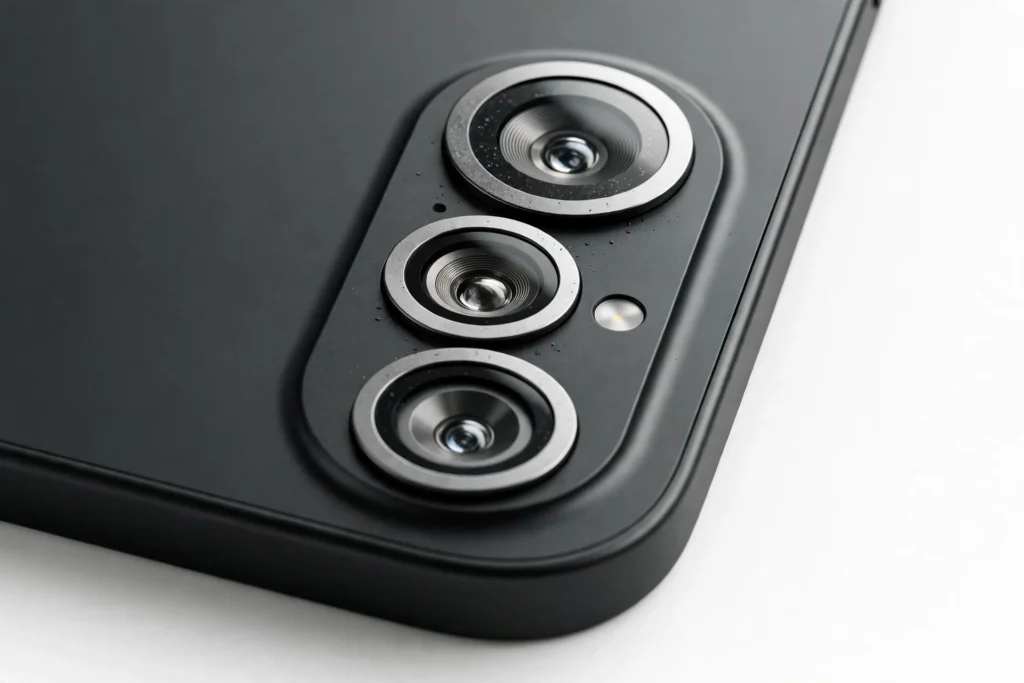 Close-up of a smartphone triple camera module on a clean background