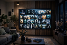 Modern living room with large TV showing a streaming service interface with movie posters