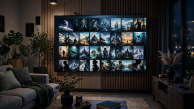 Modern living room with large TV showing a streaming service interface with movie posters