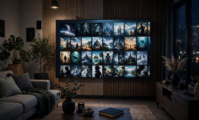 Modern living room with large TV showing a streaming service interface with movie posters