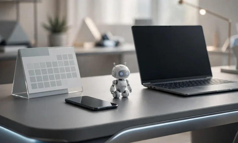 Futuristic desk with calendar, smartphone, robot model and laptop.