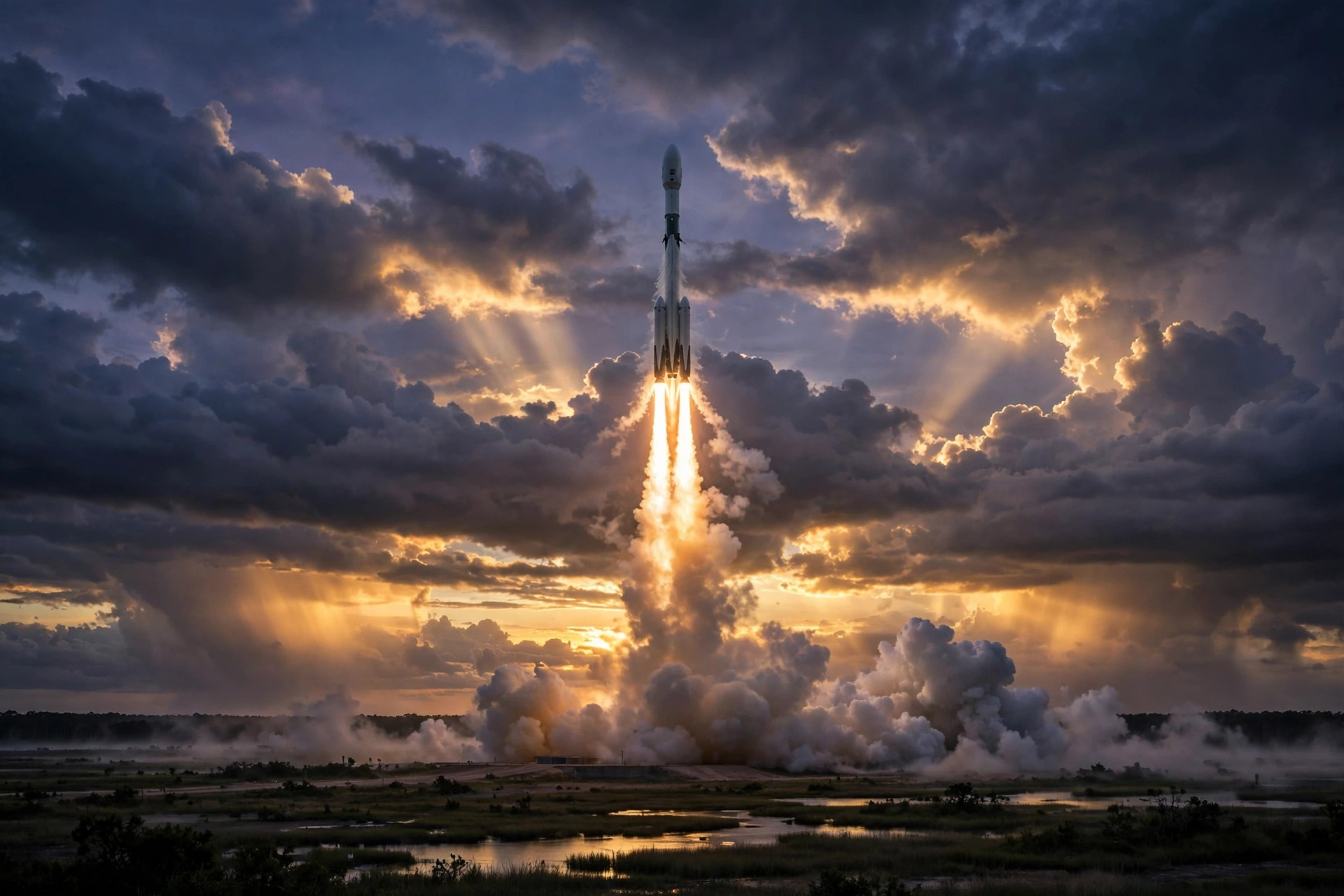 Rocket launching into a twilight sky.
