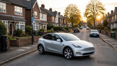 Silver Tesla Model Y electric SUV parked on a British suburban street at golden hour