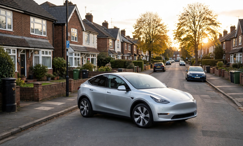 Silver Tesla Model Y electric SUV parked on a British suburban street at golden hour