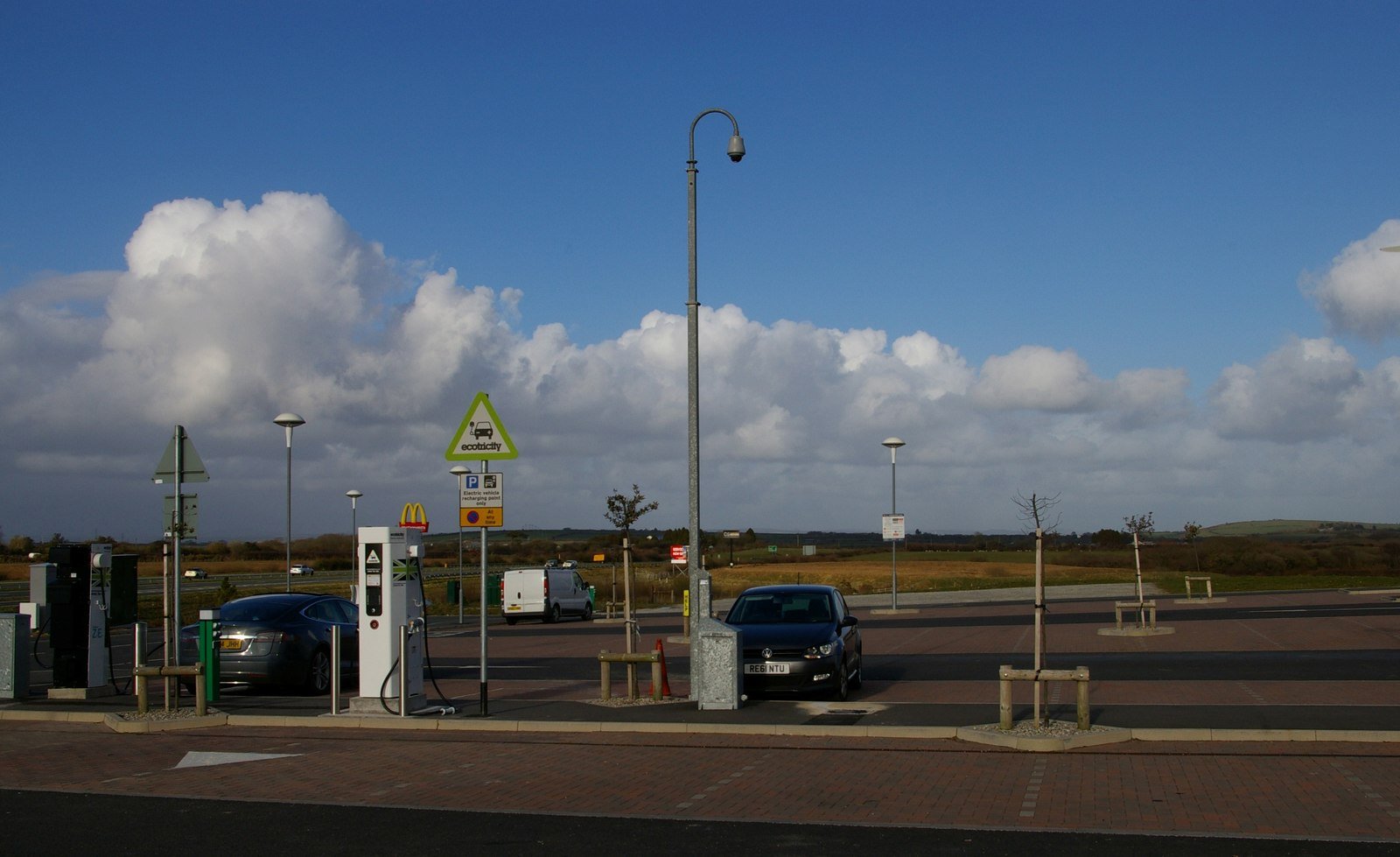 Electric car charging points at a UK motorway service station