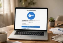 Person holding a smartphone showing a Yahoo login recovery screen with a laptop in the background