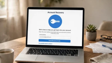 Person holding a smartphone showing a Yahoo login recovery screen with a laptop in the background