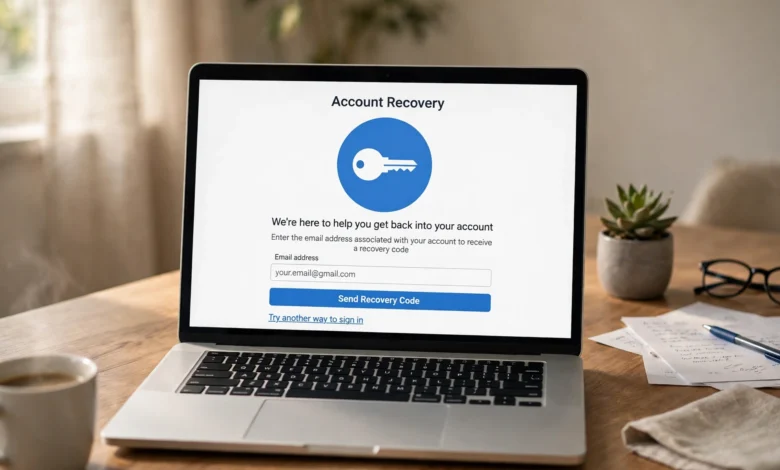 Person holding a smartphone showing a Yahoo login recovery screen with a laptop in the background